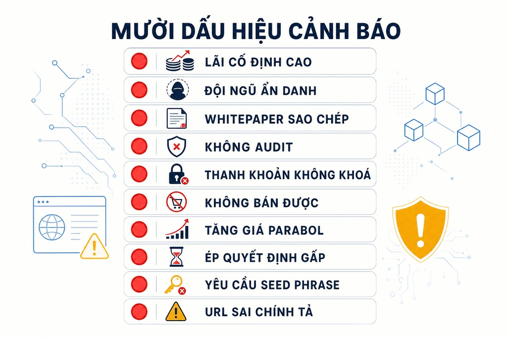 Sơ đồ checklist mười dấu hiệu cảnh báo dự án crypto lừa đảo với biểu tượng đèn tín hiệu đỏ cho từng mục kiểm tra bảo mật