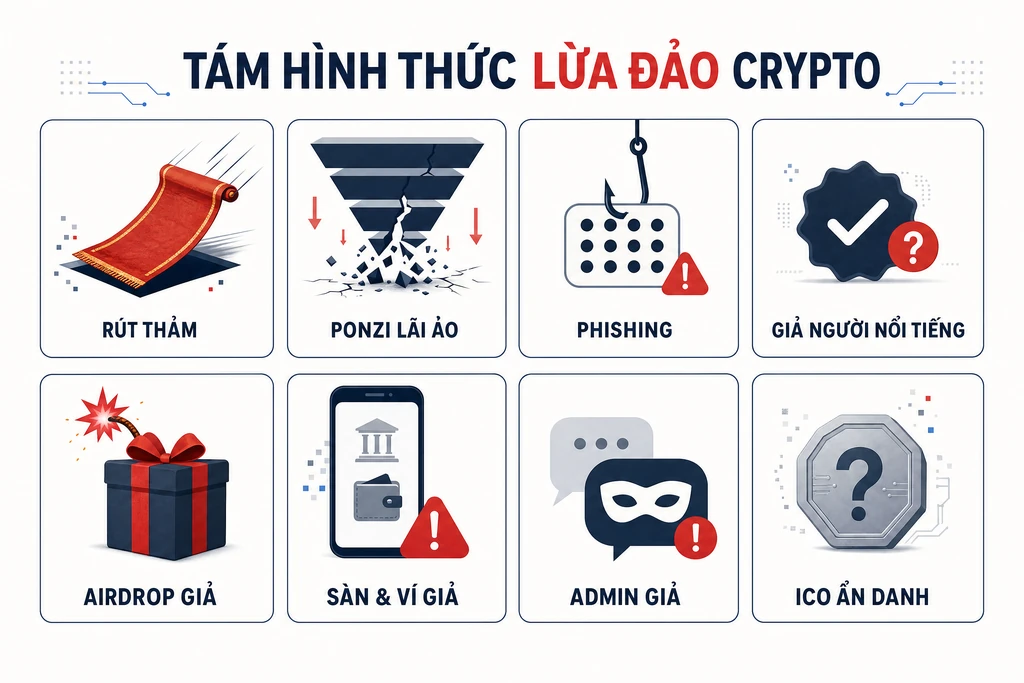 Infographic tám hình thức lừa đảo crypto phổ biến: rug pull, Ponzi, phishing, giả người nổi tiếng, airdrop giả, sàn giả, admin giả và ICO ẩn danh