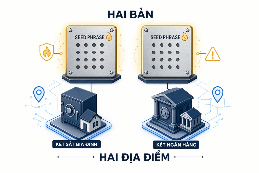 Minh họa quy tắc phòng ngừa mất seed phrase crypto: hai bản kim loại chống lửa chống nước cất ở hai địa điểm vật lý khác nhau