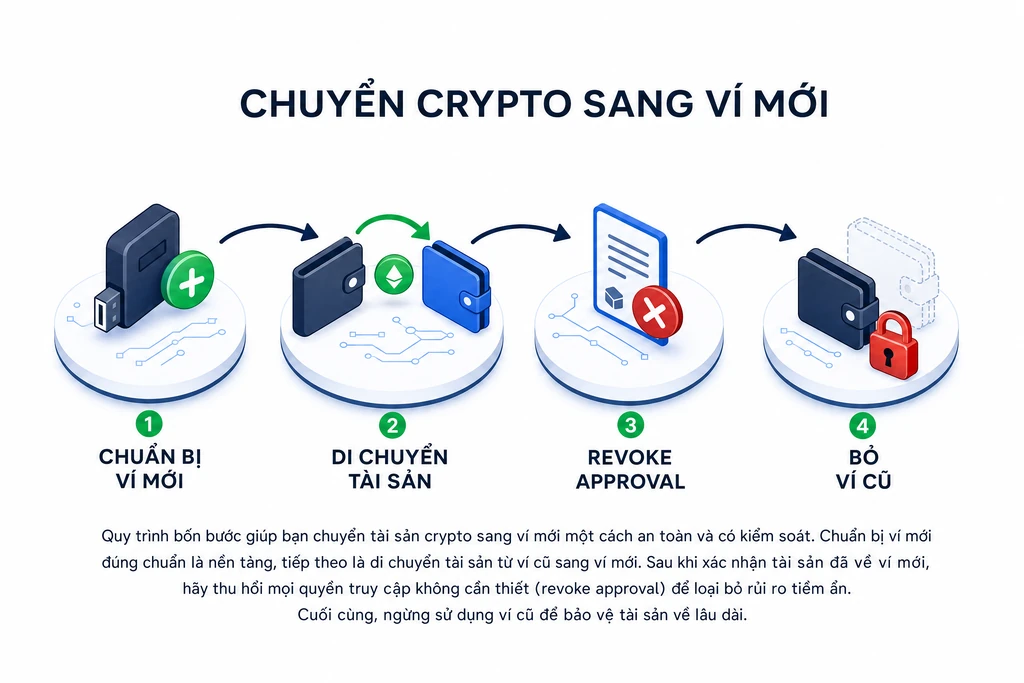 Sơ đồ quy trình 4 giai đoạn di chuyển tài sản crypto sang ví mới khi ví cũ vẫn đăng nhập nhưng đã mất seed phrase gốc