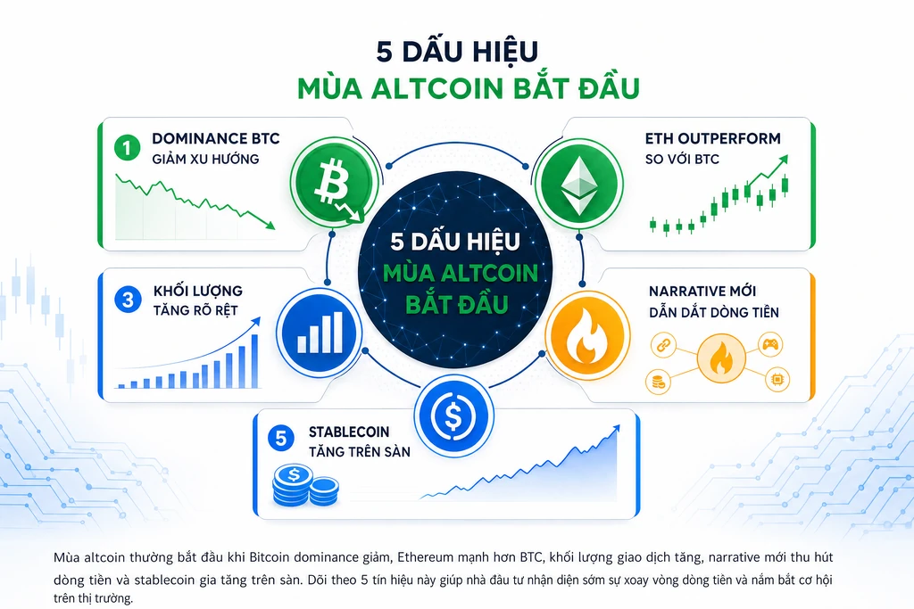 Infographic 5 dấu hiệu báo mùa altcoin bắt đầu gồm Bitcoin dominance, Ethereum outperform, volume, narrative và stablecoin