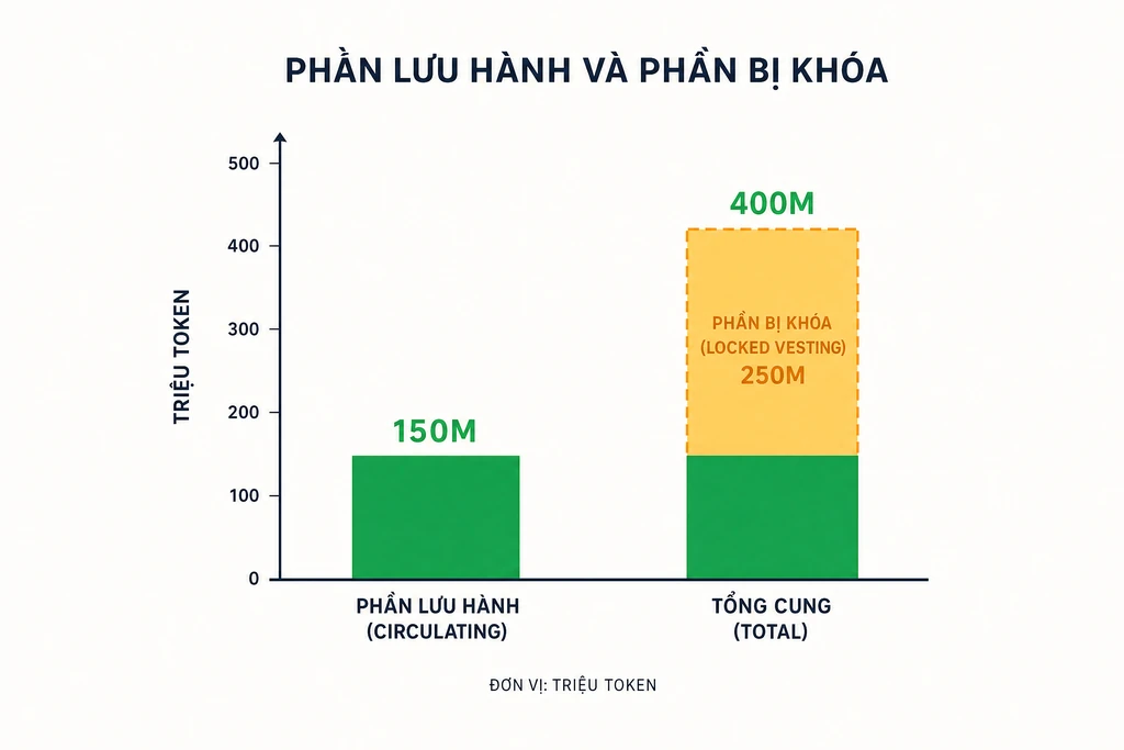 Bar chart so sánh circulating supply và total supply của một dự án crypto giả lập với phần locked vesting bôi vàng amber và phần chưa mint bôi xám