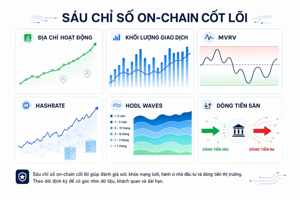 Infographic sáu nhóm chỉ số on-chain cốt lõi gồm địa chỉ hoạt động, khối lượng giao dịch, MVRV, hashrate, HODL Waves và dòng tiền sàn