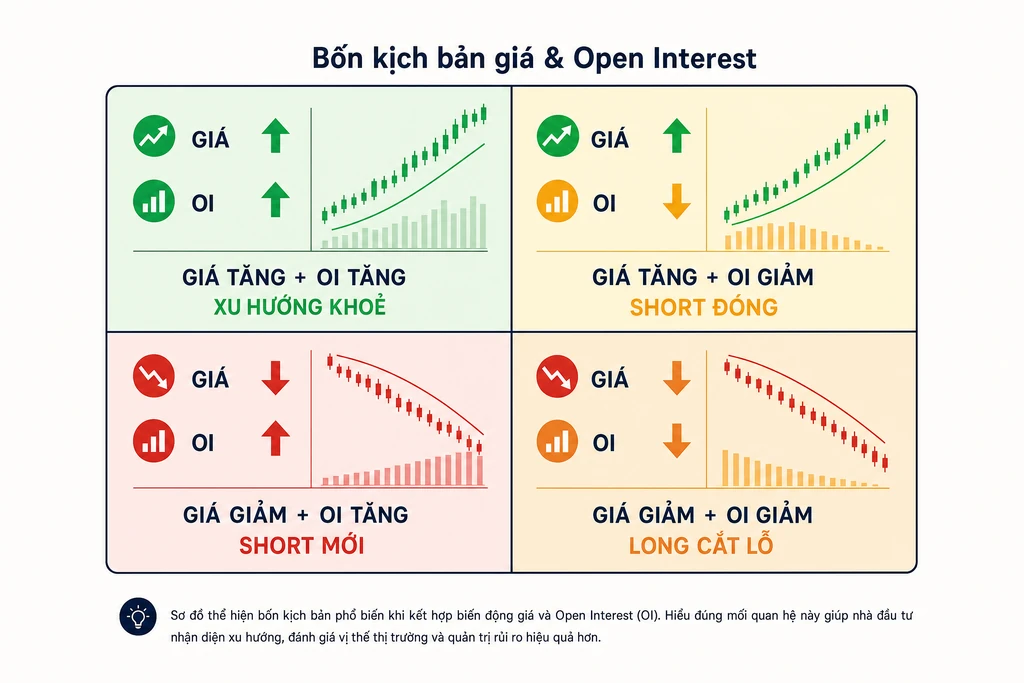 Sơ đồ bốn kịch bản đọc open interest kết hợp giá coin: xu hướng khoẻ, short đóng, short mới và long cắt lỗ