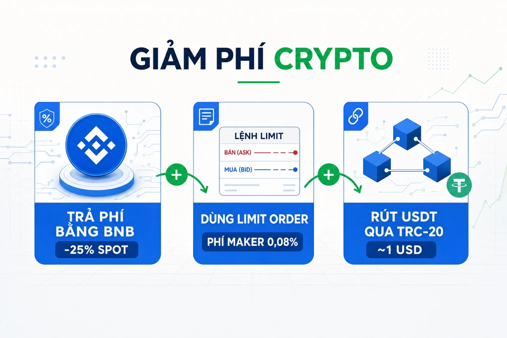Infographic ba mẹo giảm phí giao dịch crypto năm 2026: trả phí bằng BNB giảm 25%, dùng limit order hưởng phí maker, rút USDT qua mạng TRC-20