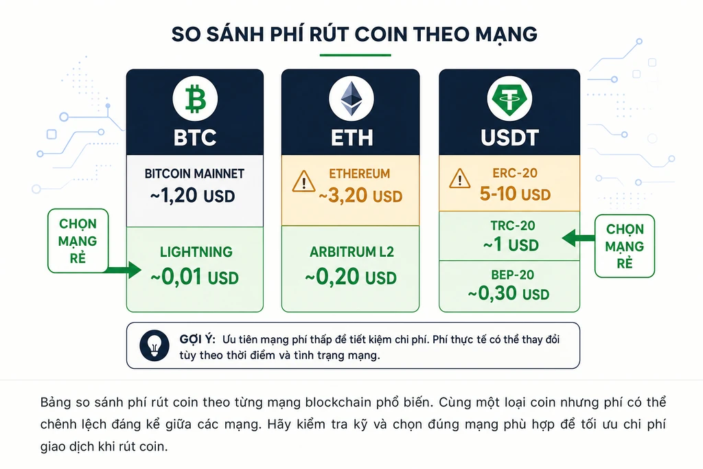 Bảng so sánh phí rút coin BTC, ETH và USDT theo từng mạng blockchain: Bitcoin mainnet, Lightning, Ethereum, Arbitrum, ERC-20, TRC-20, BEP-20