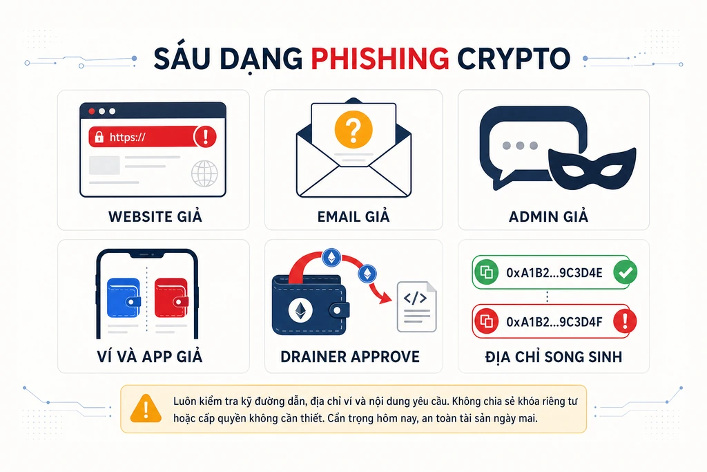 Infographic sáu dạng phishing crypto: website giả, email cảnh báo giả, DM admin giả, extension và app ví giả, drainer approve, address poisoning