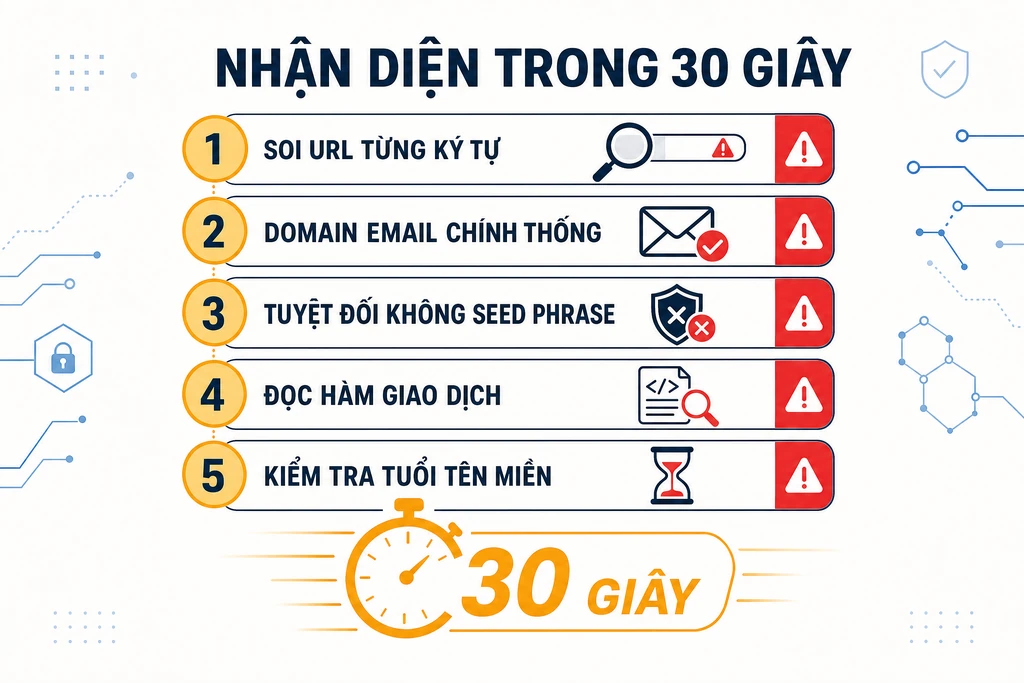 Sơ đồ checklist năm bước nhận diện phishing crypto trong 30 giây: soi URL, kiểm tra domain email, không đưa seed phrase, đọc hàm giao dịch, kiểm tra WHOIS