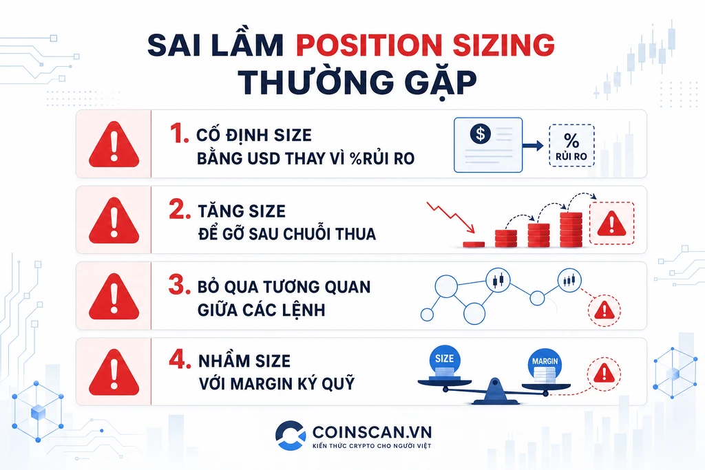 Infographic bốn sai lầm position sizing crypto thường gặp gồm cố định size bằng USD, tăng size để gỡ, bỏ qua tương quan và nhầm với margin