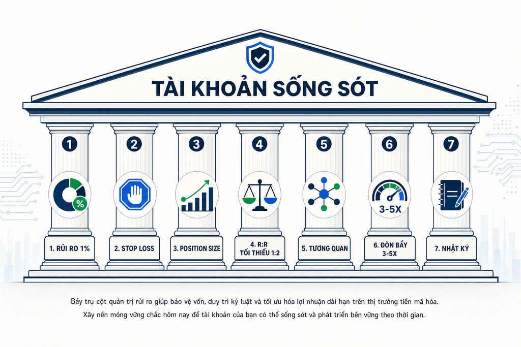 Infographic bảy trụ cột quản trị rủi ro crypto gồm rủi ro 1%, stop loss, position size, tỷ lệ R:R, tương quan, đòn bẩy và nhật ký giao dịch