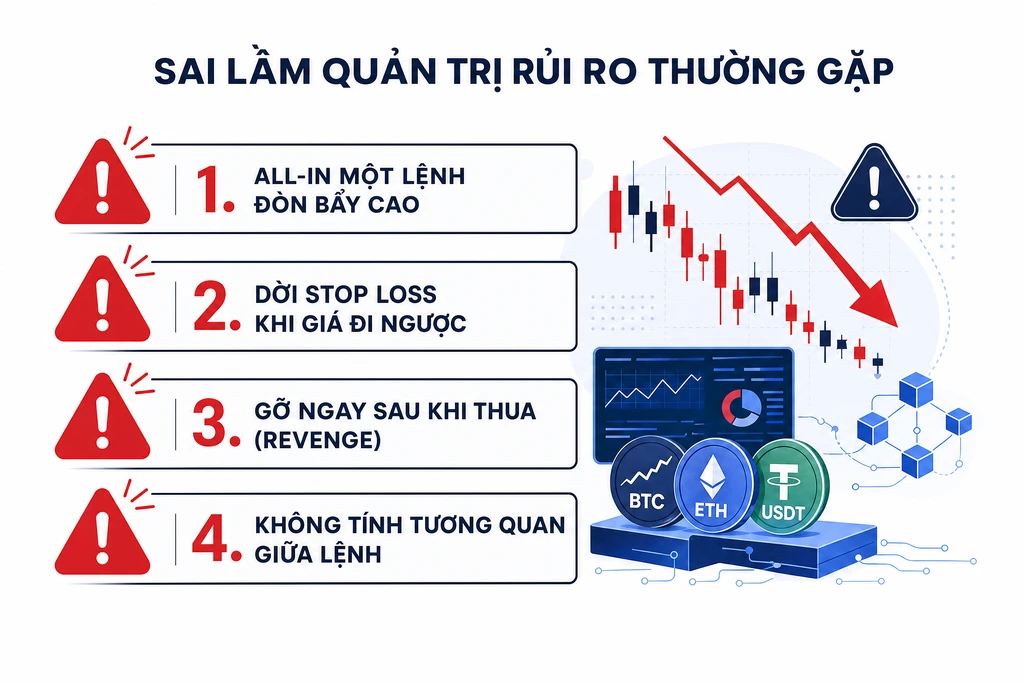 Infographic bốn sai lầm quản trị rủi ro crypto gồm all-in đòn bẩy cao, dời stop loss, gỡ sau khi thua và bỏ qua tương quan giữa các lệnh