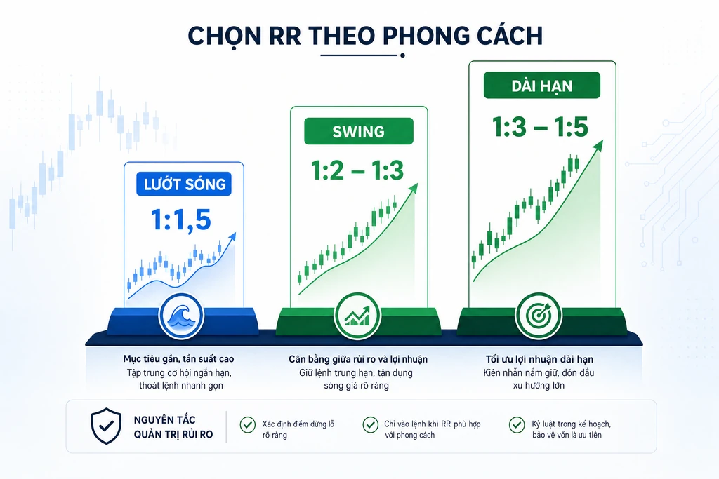 Infographic so sánh dải RR phù hợp cho scalping swing trading và position trading với ba mức 1:1,5 tới 1:5 trong crypto