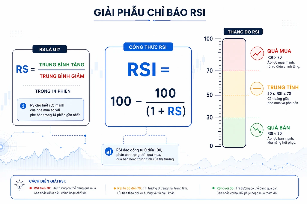 Sơ đồ giải phẫu chỉ báo RSI bằng tiếng Việt với công thức trung tâm và ba vùng quá mua, trung tính, quá bán được tô màu rõ rệt