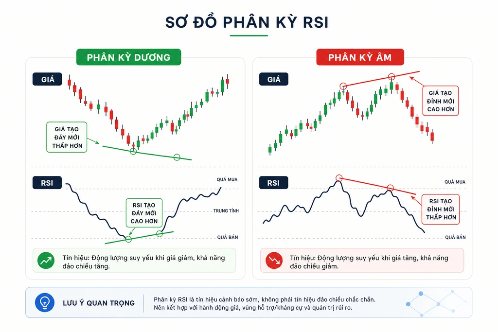 Sơ đồ minh hoạ phân kỳ dương và phân kỳ âm giữa RSI và giá crypto với hai panel nến nhật và RSI ngược chiều