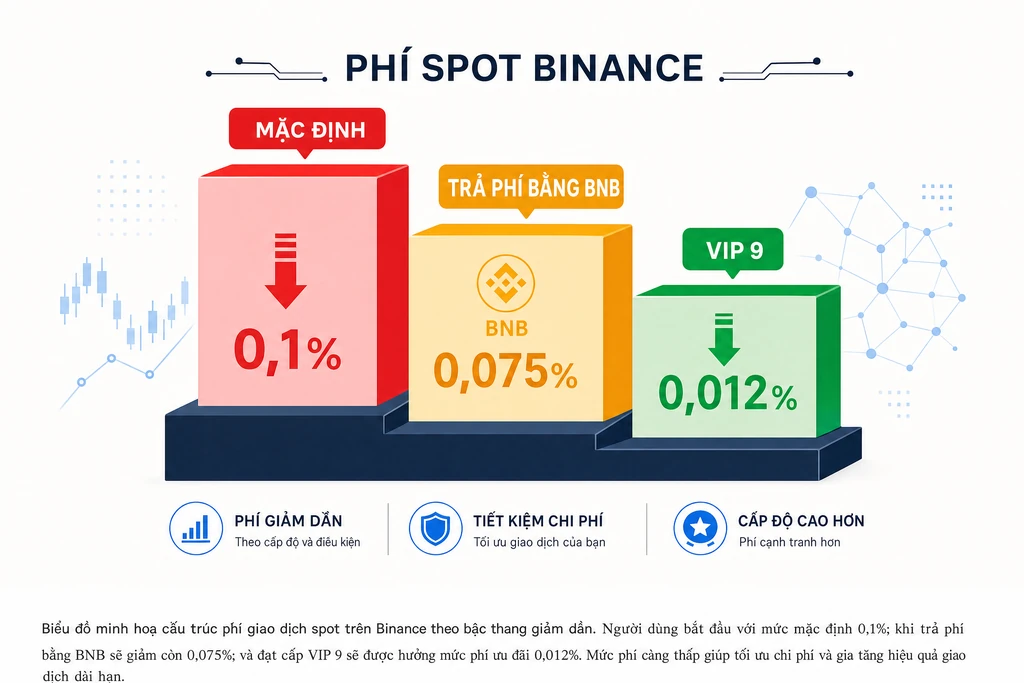 Infographic ba tầng phí Binance giảm dần: mặc định 0,1%, dùng BNB 0,075%, VIP 9 chỉ 0,012% cho giao dịch spot