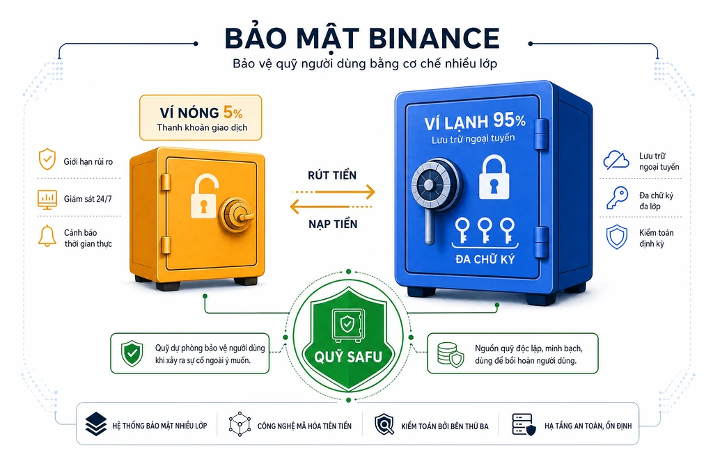 Sơ đồ bảo mật quỹ Binance: ví nóng 5% và ví lạnh 95% offline, kèm quỹ SAFU 1 tỷ USD làm khiên đền bù người dùng