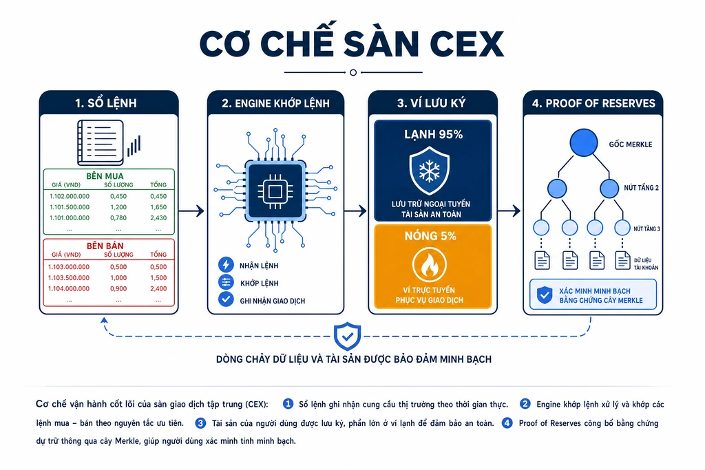 Sơ đồ giải phẫu sàn CEX với bốn khối sổ lệnh, engine khớp lệnh, ví lưu ký hai tầng và Proof of Reserves Merkle tree