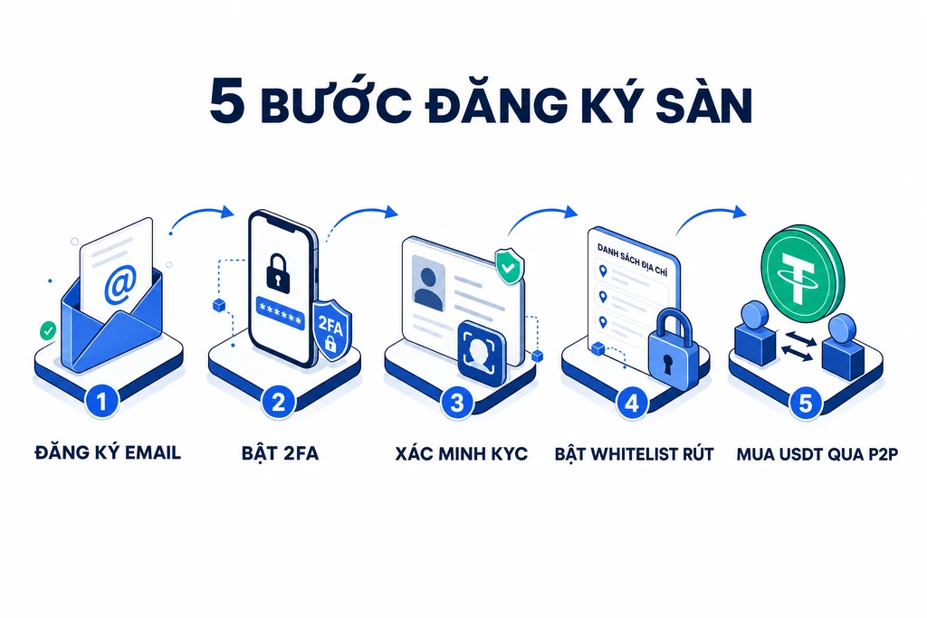 Sơ đồ quy trình đăng ký Bybit năm bước cho người Việt: đăng ký email, bật 2FA, xác minh KYC, bật whitelist, mua USDT P2P