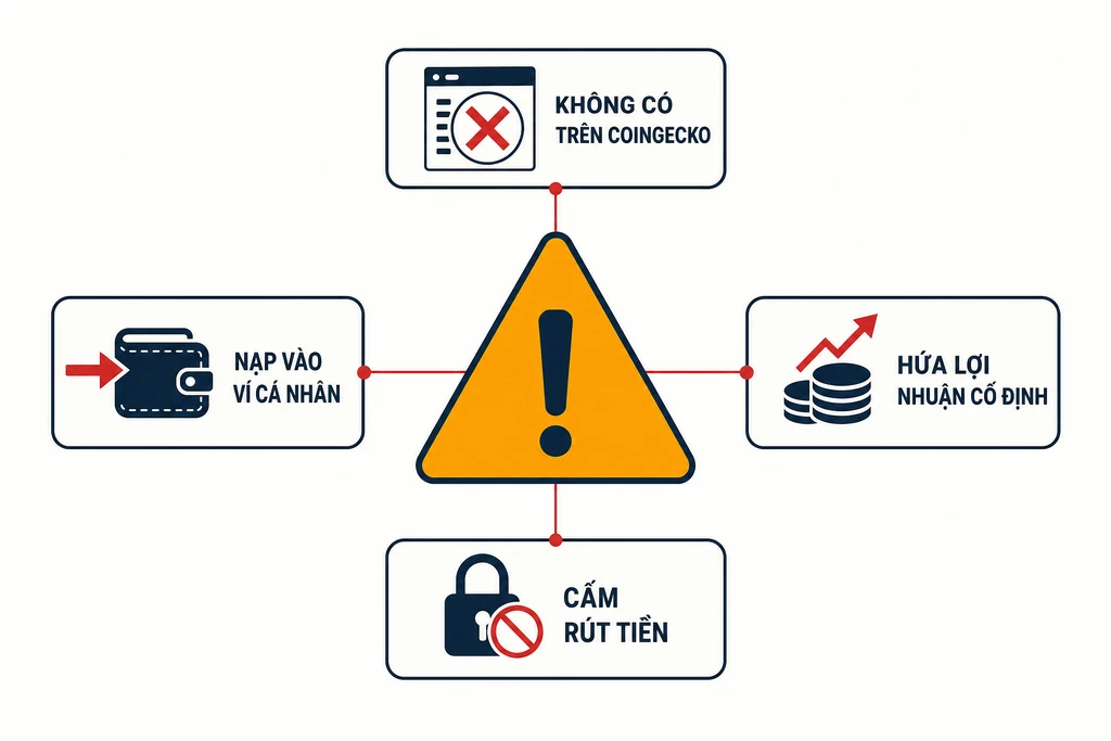 Sơ đồ cảnh báo 4 dấu hiệu đỏ của sàn crypto lừa đảo: không có trên CoinGecko, hứa lợi nhuận cố định, cấm rút tiền, chuyển nạp vào ví cá nhân của nhân viên