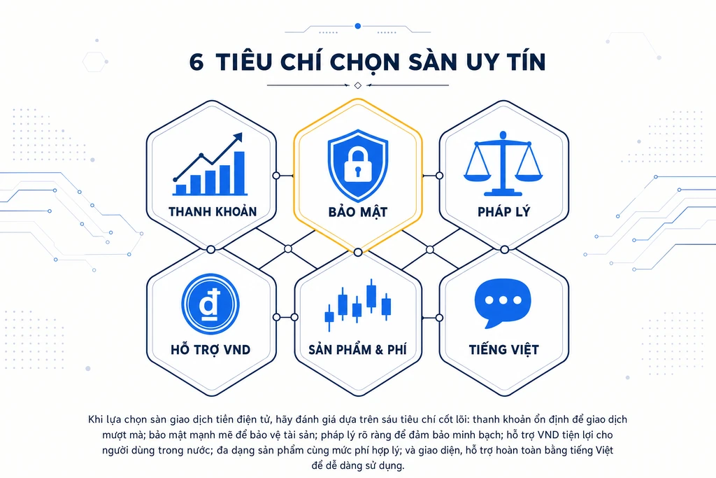 Infographic 6 tiêu chí đánh giá sàn crypto uy tín: thanh khoản, bảo mật + quỹ dự phòng, giấy phép pháp lý, hỗ trợ VND P2P, phổ sản phẩm và phí, hỗ trợ tiếng Việt