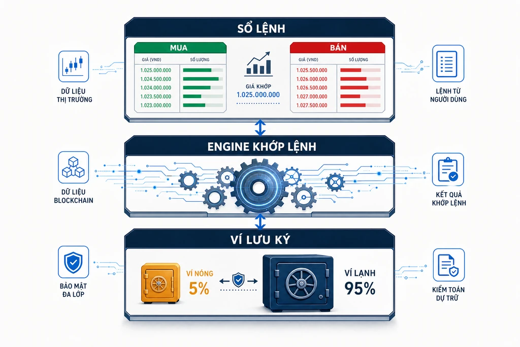 Sơ đồ ba lớp lõi bên trong sàn giao dịch crypto CEX gồm sổ lệnh order book, engine khớp lệnh và ví lưu ký nóng lạnh