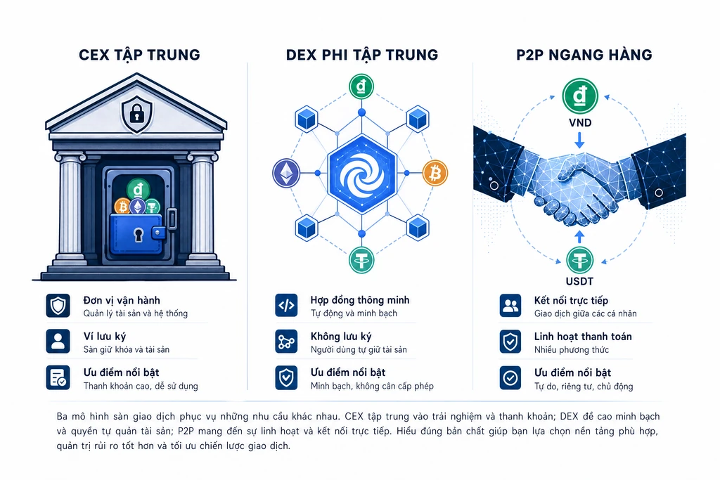 Infographic phân loại ba mô hình sàn crypto CEX tập trung, DEX phi tập trung theo AMM và sàn P2P ngang hàng cho người dùng Việt Nam