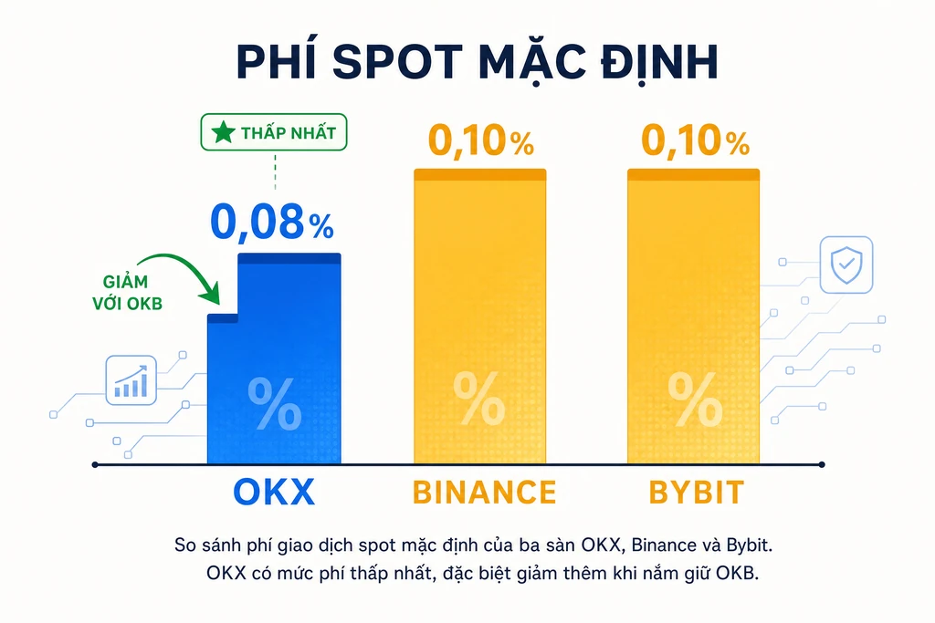 Bảng so sánh phí spot của OKX với Binance và Bybit: OKX mặc định 0,08% maker, giảm còn 0,064% khi nắm giữ OKB, thấp hơn Binance ở tier cơ bản