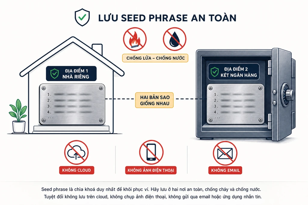 Sơ đồ hai bản kim loại khắc seed phrase cất ở hai địa điểm vật lý khác nhau theo quy tắc backup crypto