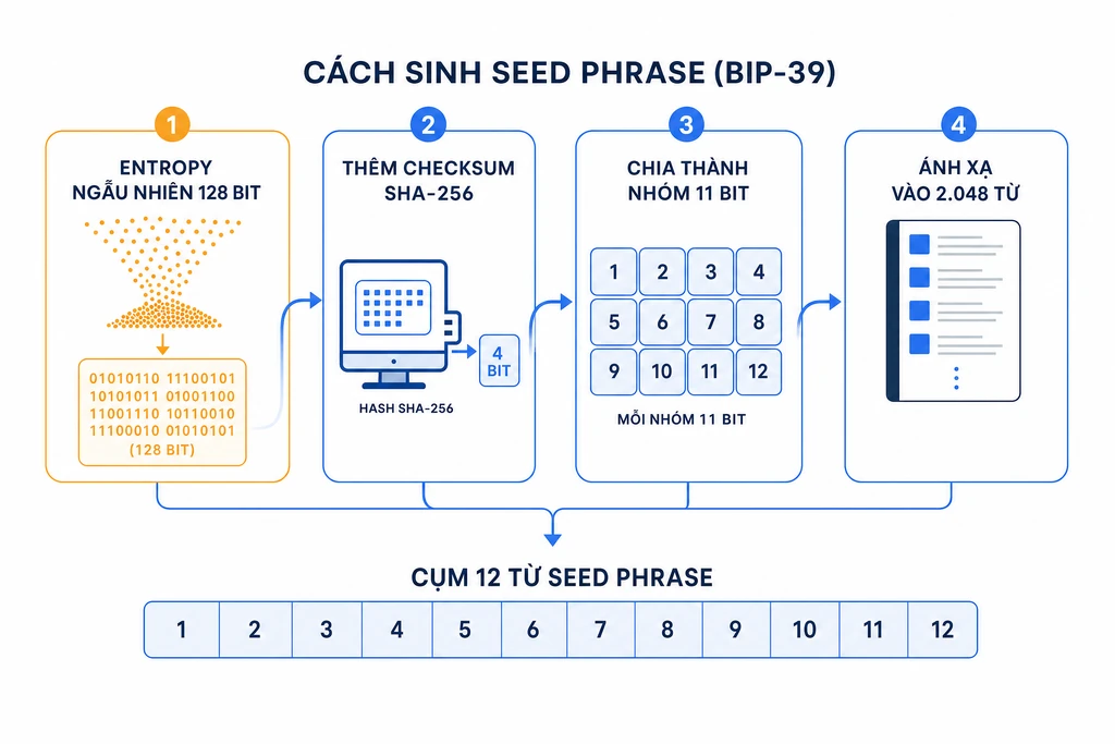 Sơ đồ quy trình sinh seed phrase BIP-39: entropy ngẫu nhiên, checksum SHA-256 và ánh xạ vào wordlist 2.048 từ tiếng Anh