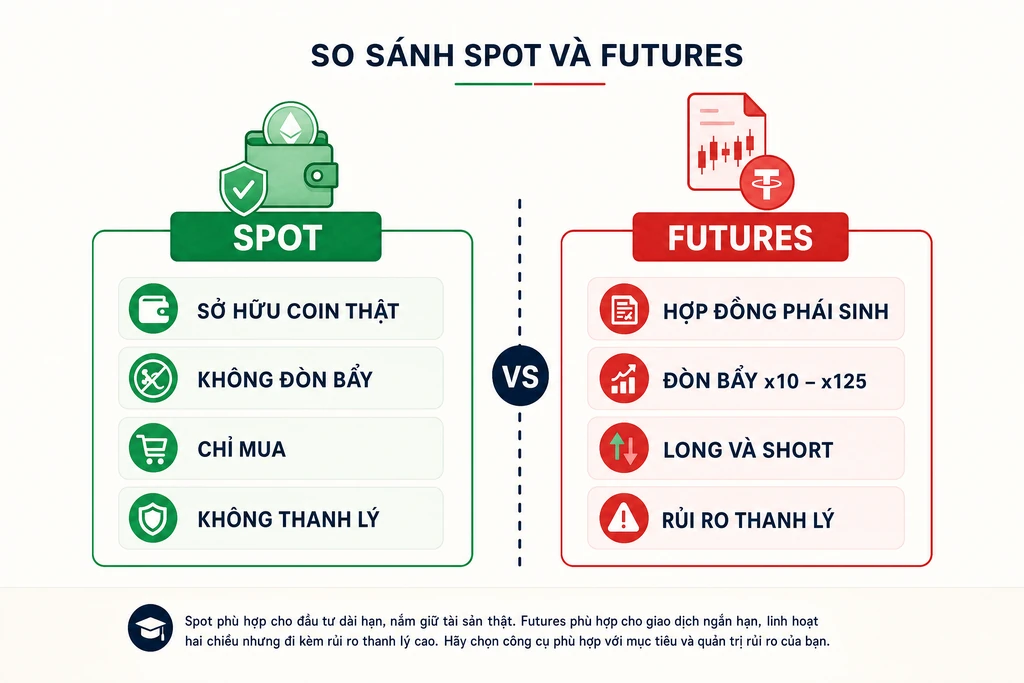 Infographic bảy khác biệt cốt lõi giữa spot và futures crypto về đòn bẩy, chiều lệnh, ký quỹ và rủi ro