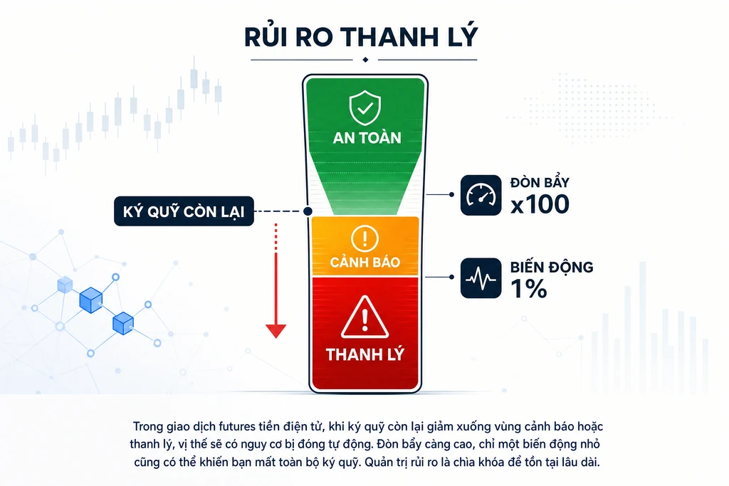 Minh hoạ mức độ rủi ro thanh lý trong futures crypto so với spot với vùng cảnh báo ký quỹ giảm dần