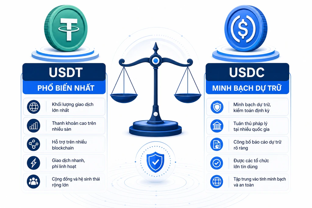 So sánh USDT phổ biến nhất và USDC minh bạch dự trữ