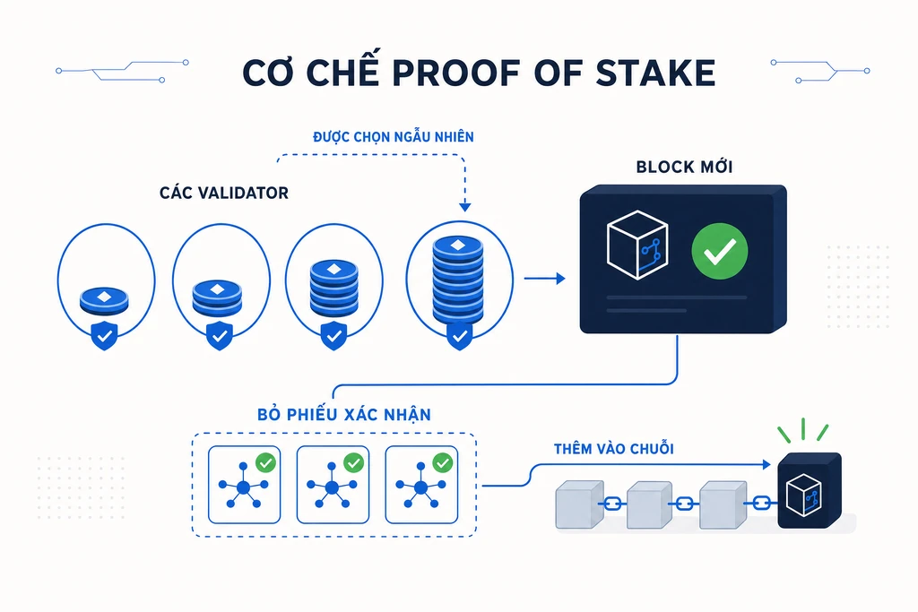 Sơ đồ cơ chế Proof of Stake: nhiều validator nắm coin đặt cọc, một validator được chọn ngẫu nhiên có trọng số đề xuất block mới và committee bỏ phiếu xác nhận