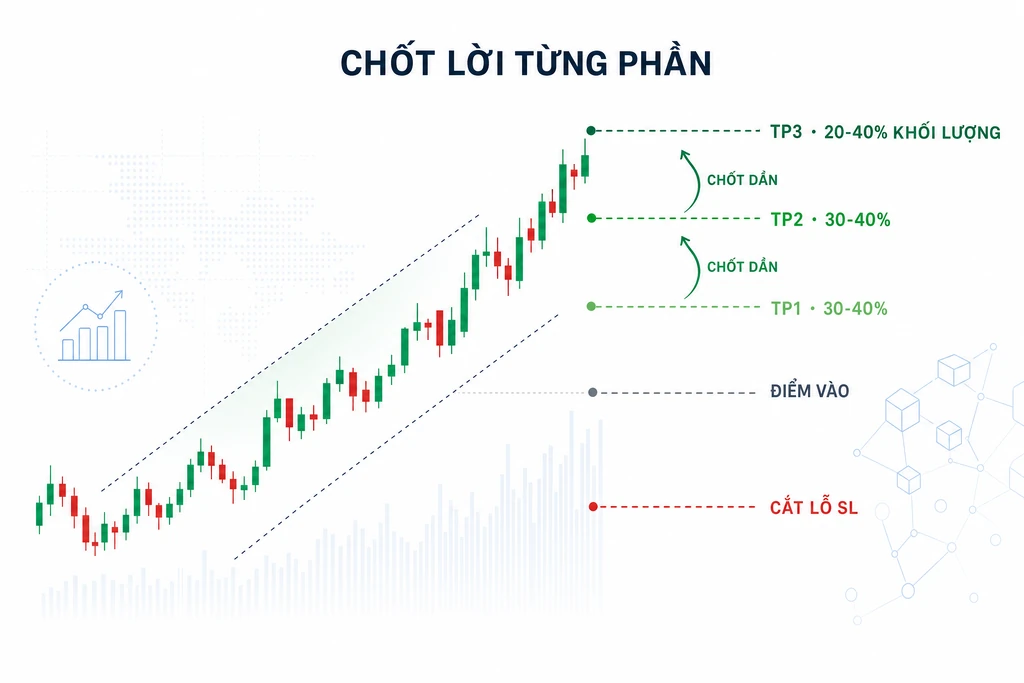 Sơ đồ take profit từng phần với ba mức TP1, TP2, TP3 chia khối lượng vị thế theo tỷ lệ phần trăm
