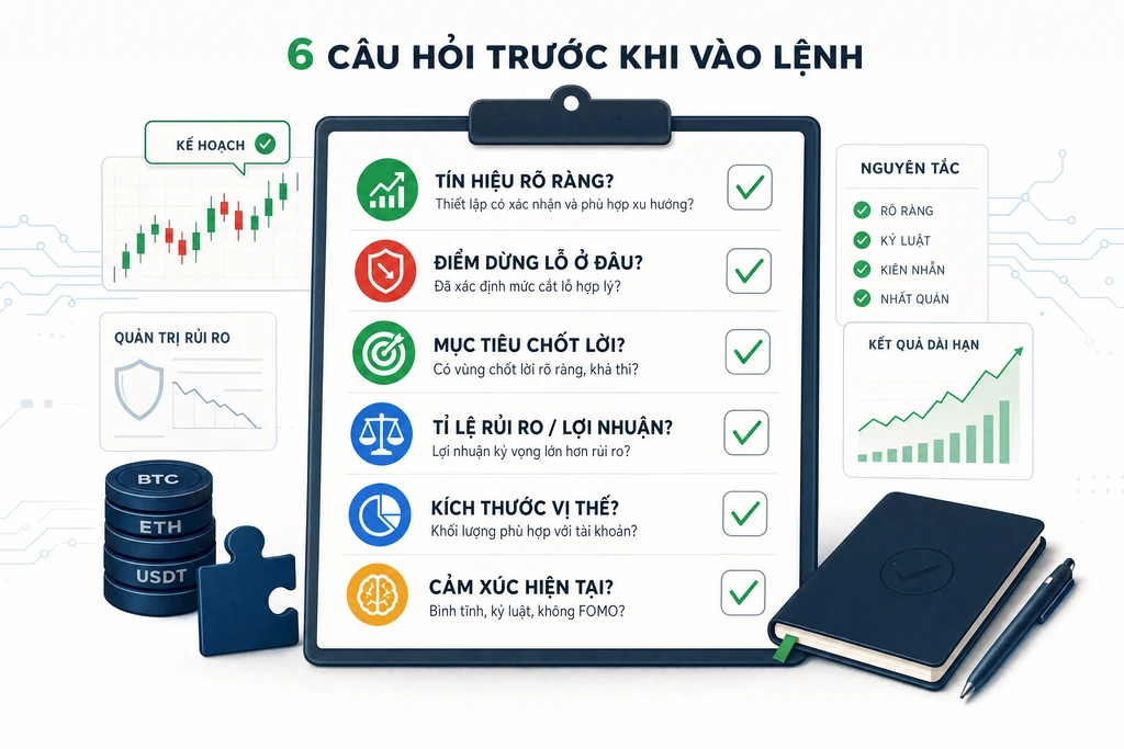 Infographic checklist 6 câu hỏi kỷ luật trước lệnh crypto: tín hiệu, stop-loss, take-profit, RR, size, cảm xúc