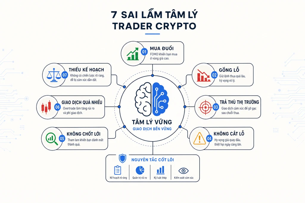 Infographic bảy sai lầm tâm lý thường gặp của trader crypto như mua đuổi, gồng lỗ, trả thù thị trường
