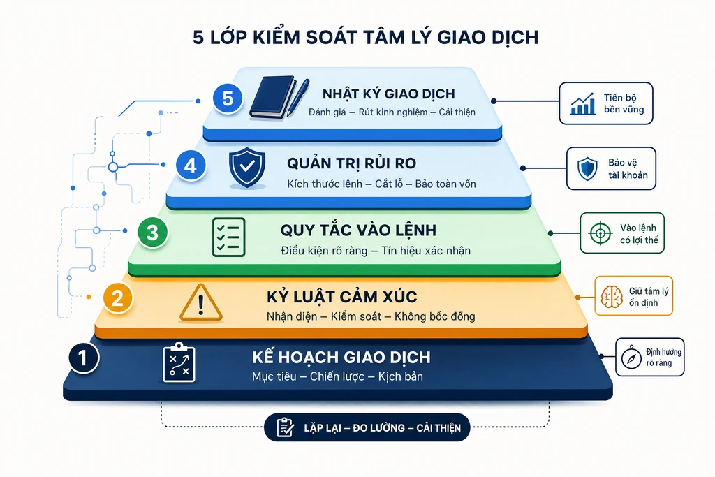 Sơ đồ năm lớp kiểm soát tâm lý giao dịch xếp chồng từ kế hoạch, quy tắc vào lệnh tới nhật ký giao dịch