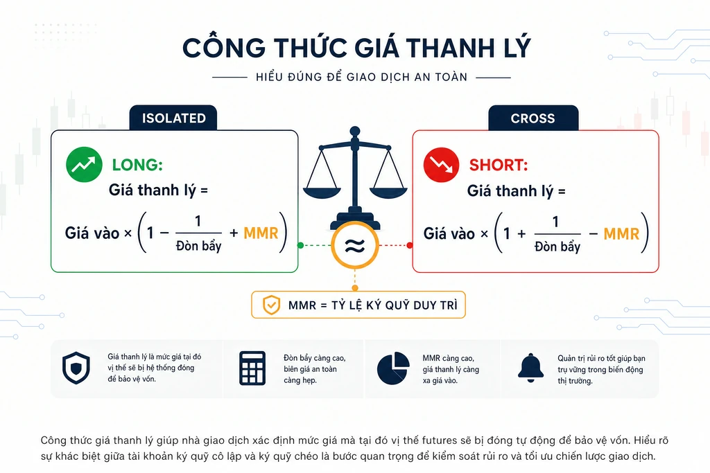 Sơ đồ công thức tính giá thanh lý cho lệnh long và short với đòn bẩy và MMR