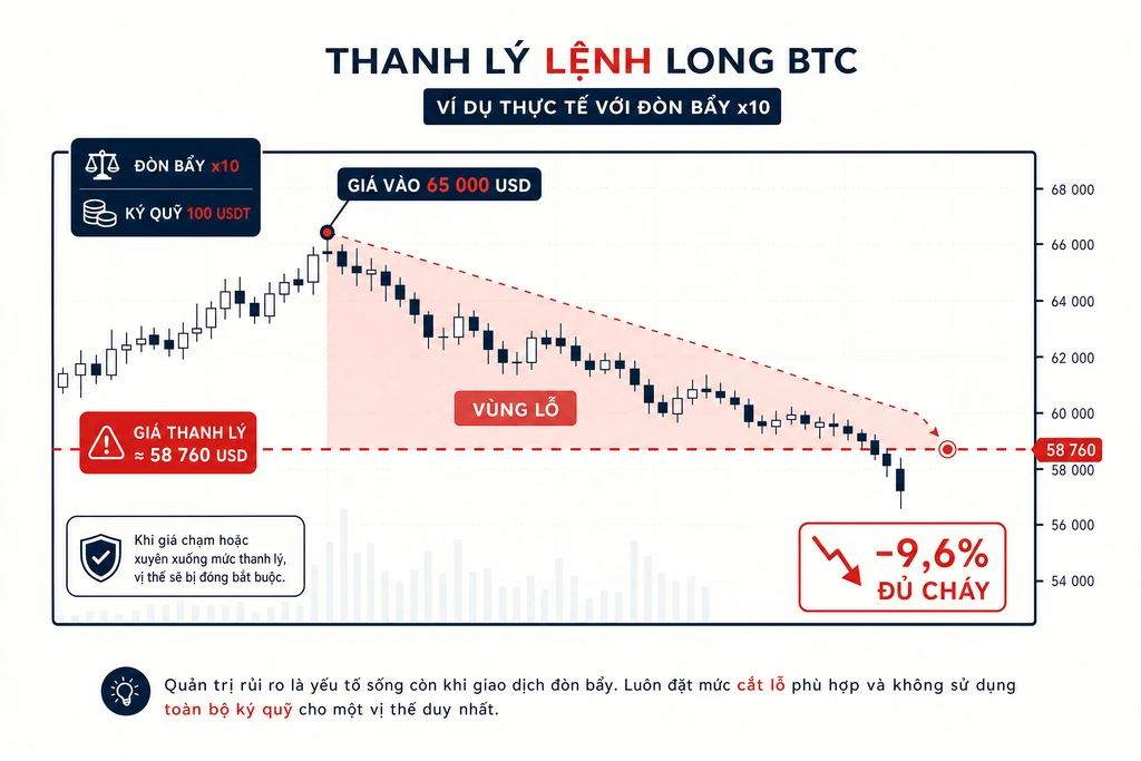 Biểu đồ ví dụ thanh lý lệnh long BTC với đòn bẩy x10 tại giá 58760 USD
