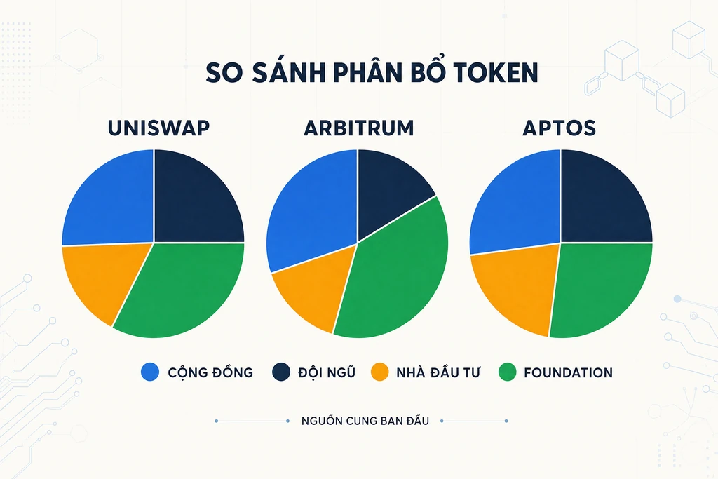 So sánh phân bổ token của Uniswap Arbitrum và Aptos bằng ba pie chart chia cộng đồng đội ngũ nhà đầu tư foundation