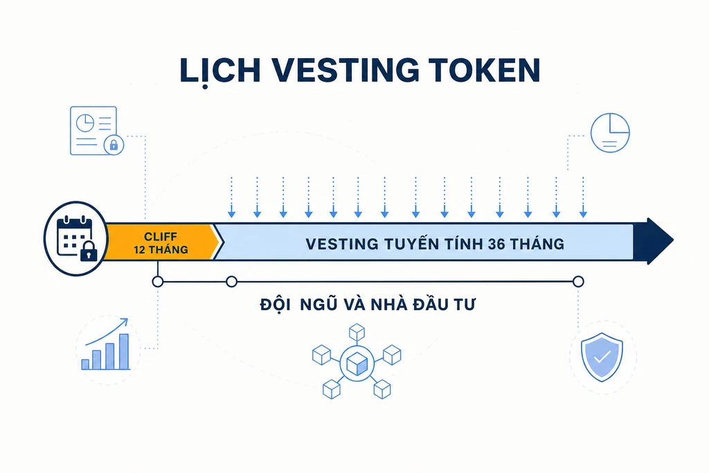 Sơ đồ dòng thời gian lịch vesting token crypto với đoạn cliff mười hai tháng amber và đoạn vesting tuyến tính ba mươi sáu tháng xanh dương