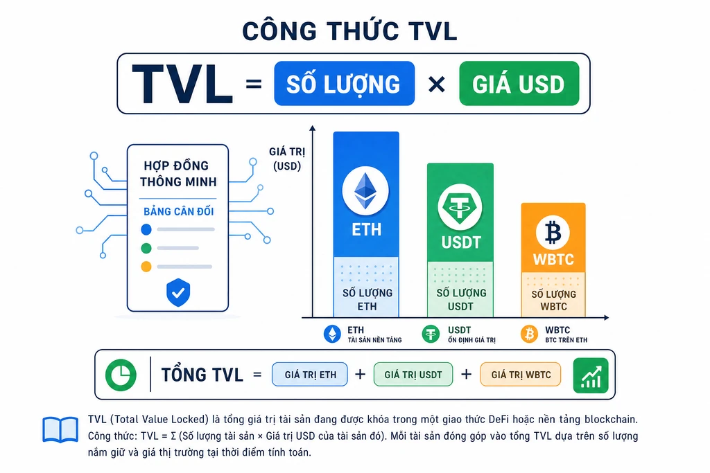 Sơ đồ công thức tính TVL bằng cách nhân số lượng tài sản với giá USD, minh hoạ với ETH, USDT và WBTC