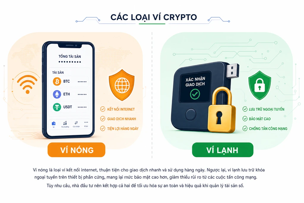 Sơ đồ so sánh các loại ví crypto phổ biến gồm ví nóng kết nối Internet và ví lạnh phần cứng lưu offline