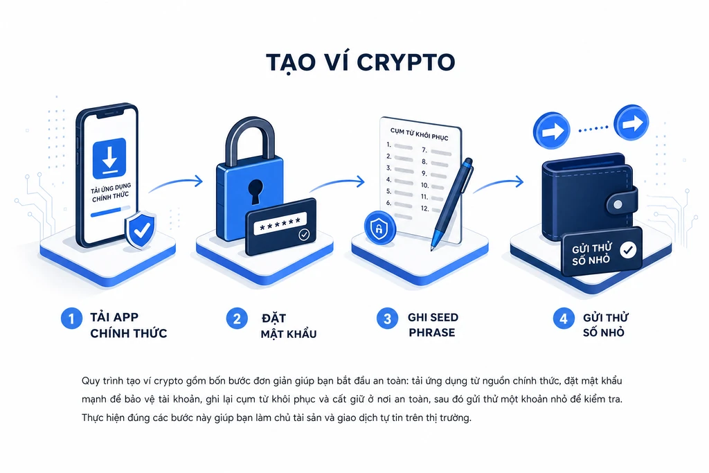 Sơ đồ bốn bước cách tạo ví crypto an toàn từ tải app chính thức, đặt mật khẩu, ghi seed phrase đến gửi thử