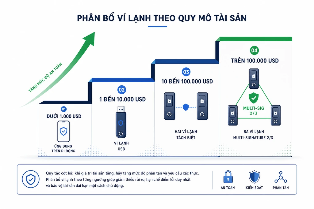 Sơ đồ bậc thang chọn ví lạnh theo quy mô danh mục crypto: dưới 1.000 USD, 1-10K USD, 10-100K USD, trên 100K USD với gợi ý thiết bị tương ứng