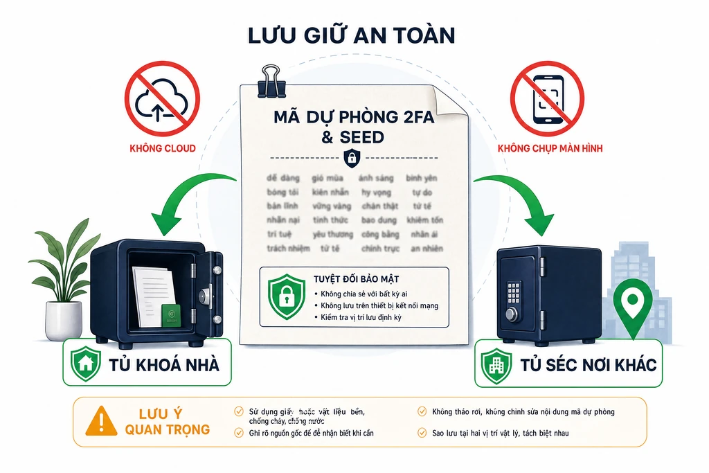 Infographic lưu backup code và seed 2FA an toàn tại hai nơi vật lý, không dùng cloud, không chụp màn hình