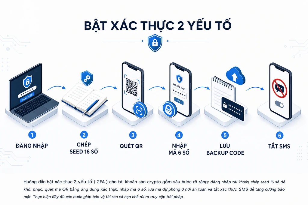 Sơ đồ 6 bước bật 2FA cho tài khoản Binance: đăng nhập, chép seed 16 số, quét QR, nhập mã, lưu backup code, tắt SMS