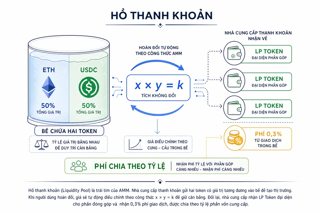 Sơ đồ liquidity pool AMM với bể chứa cặp token ETH và USDC, công thức tích không đổi x nhân y bằng k và LP token trả về nhà cung cấp