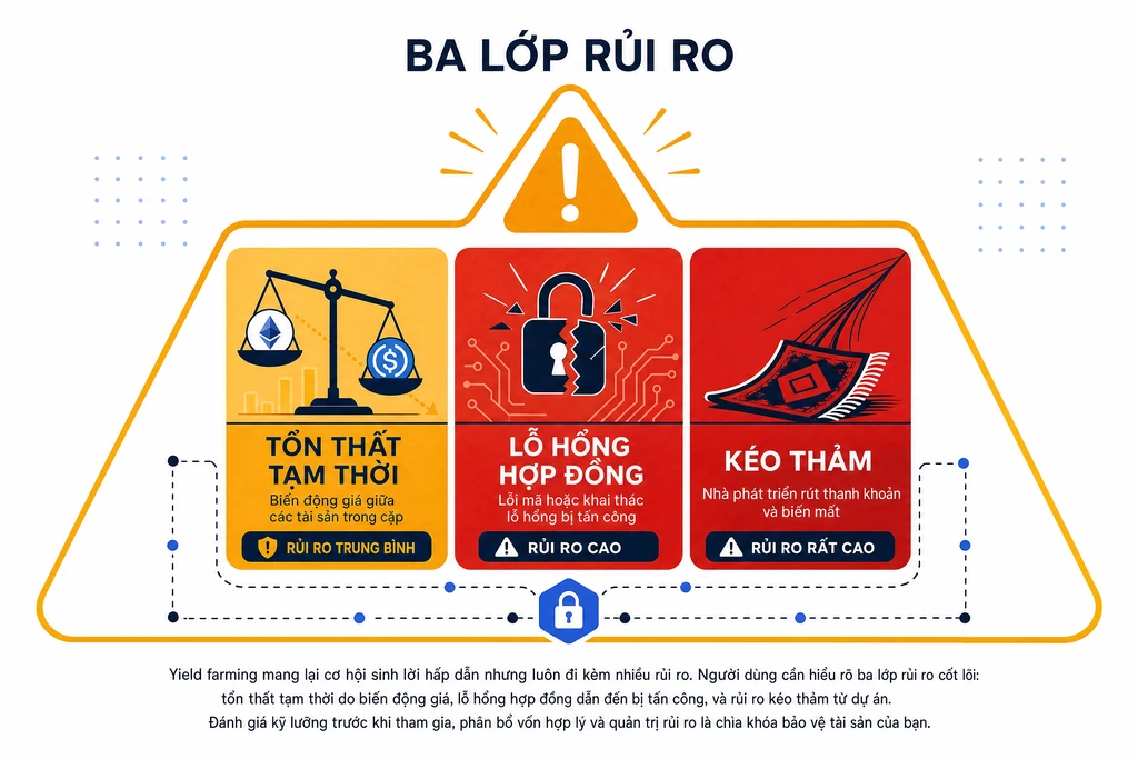 Infographic ba lớp rủi ro yield farming xếp tam giác: impermanent loss amber, hack smart contract đỏ và rug pull đỏ đậm trong khung cảnh báo