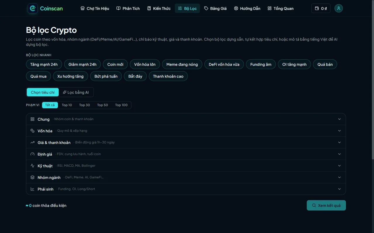 Giao diện Bộ lọc coin (Screener) của Coinscan